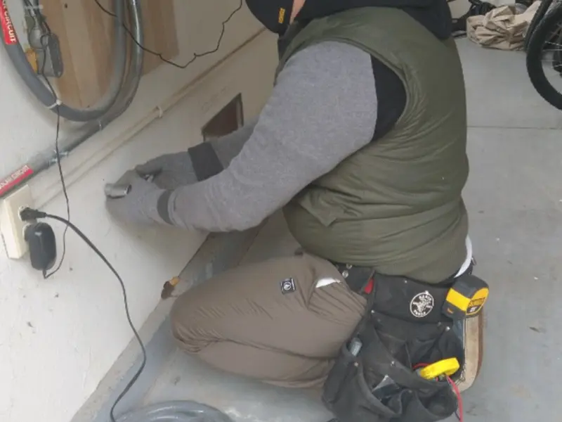 Electrician performing outlet wiring in a Durham garage